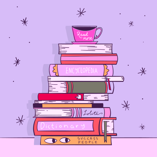 Стопка книг, сверху которой стоит чашка кофе с надписью читайте больше.